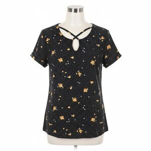 Joe Boxer Floral Polka Dot Strappy Neck Top Size Large Black Yellow Short Sleeve